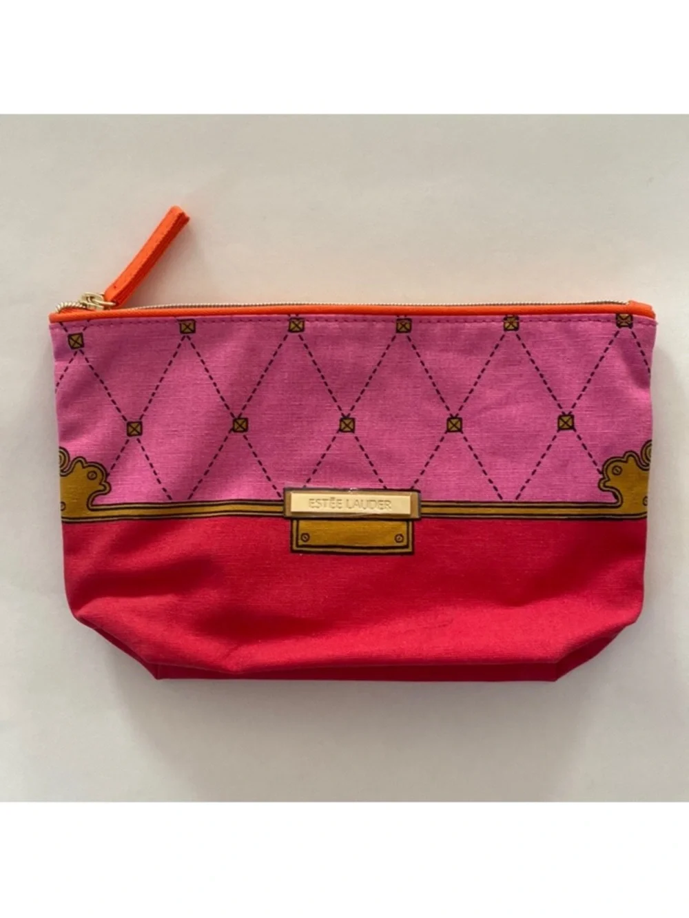 ESTEE LAUDER Regal Red Pink Canvas Zip Top Cosmetic Makeup Bag 8”x5”x2” New